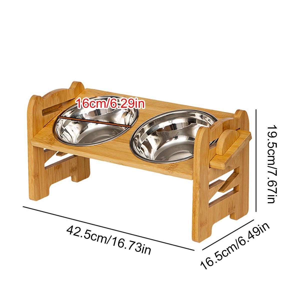 Wooden pet feeder with two stainless steel bowls and dimensions displayed.