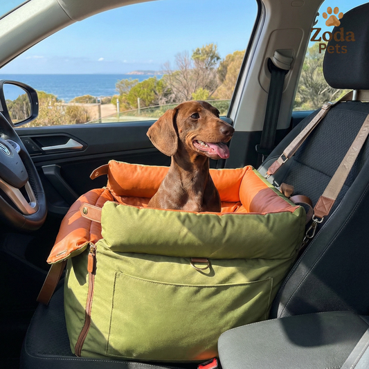 Dog sitting in a green and orange pet carrier inside a car with a scenic background.