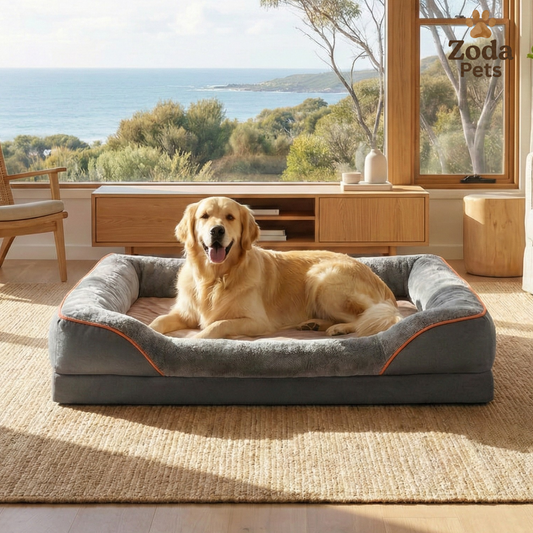 Dog lying on a large pet bed in a room with a view of trees and water.