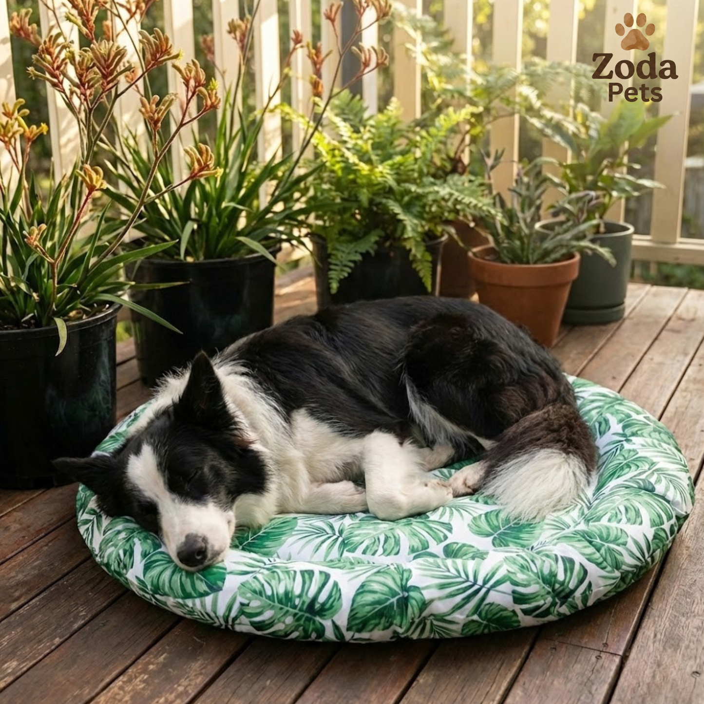 Dog sleeping on a green leaf-patterned cooling mat  with potted plants in the background