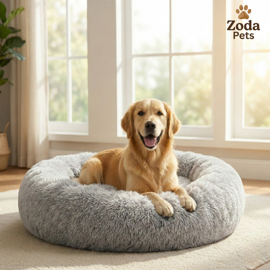 Dog lying on a fluffy gray pet bed with Zoda Pets branding in a bright room.