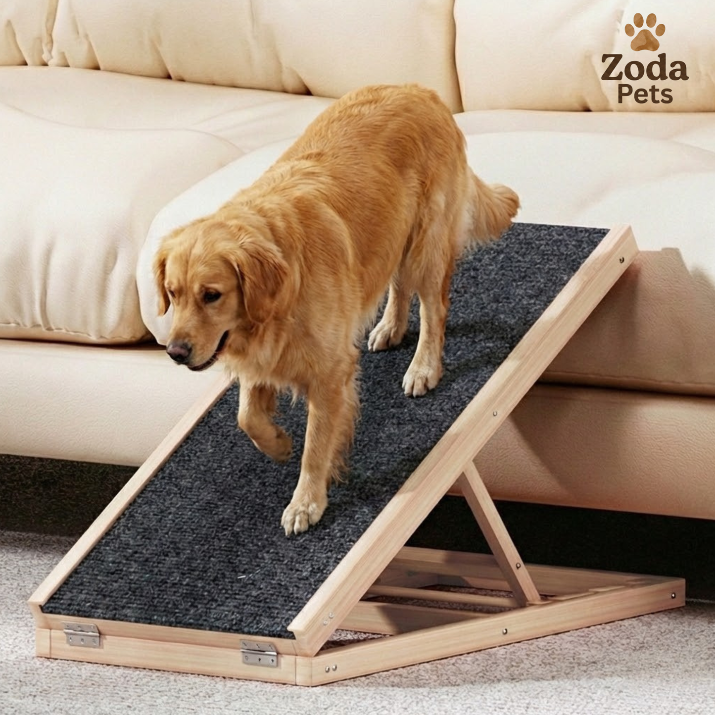Dog using a pet ramp in a living room setting with 'Zoda Pets' branding.