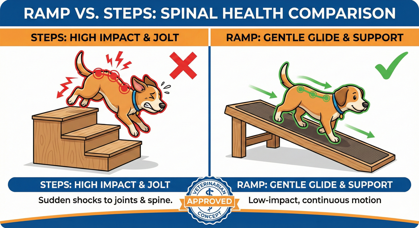 Comparison chart showing the benefits of ramps over steps for spinal health in dogs.